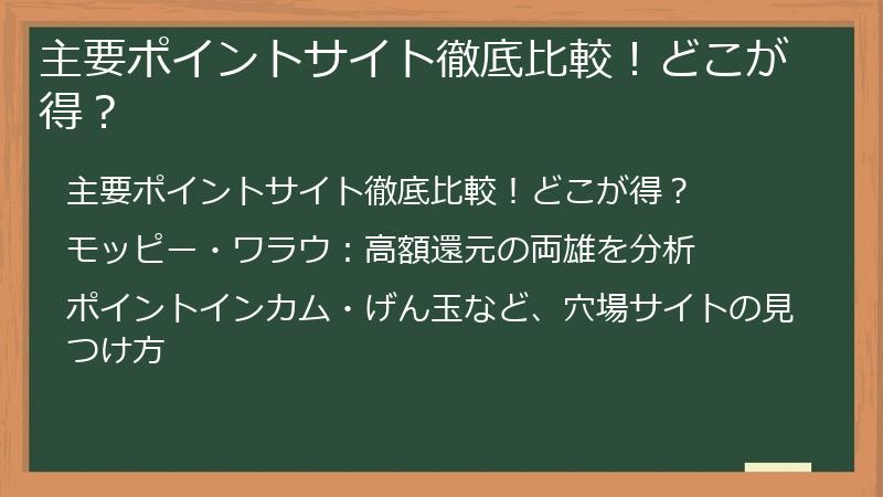 主要ポイントサイト徹底比較！どこが得？