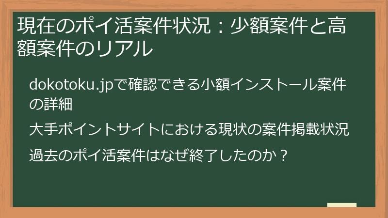 現在のポイ活案件状況:少額案件と高額案件のリアル