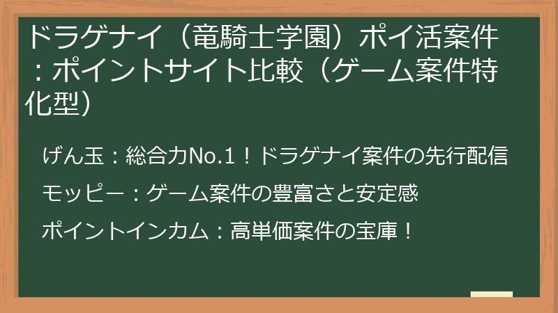 ドラゲナイ（竜騎士学園）ポイ活案件：ポイントサイト比較（ゲーム案件特化型）