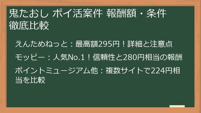 鬼たおし ポイ活案件 報酬額・条件 徹底比較
